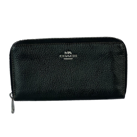 COACH Wallet Black Pebble Leather Long Zip Around Silver Hardware - Picture 1 of 11